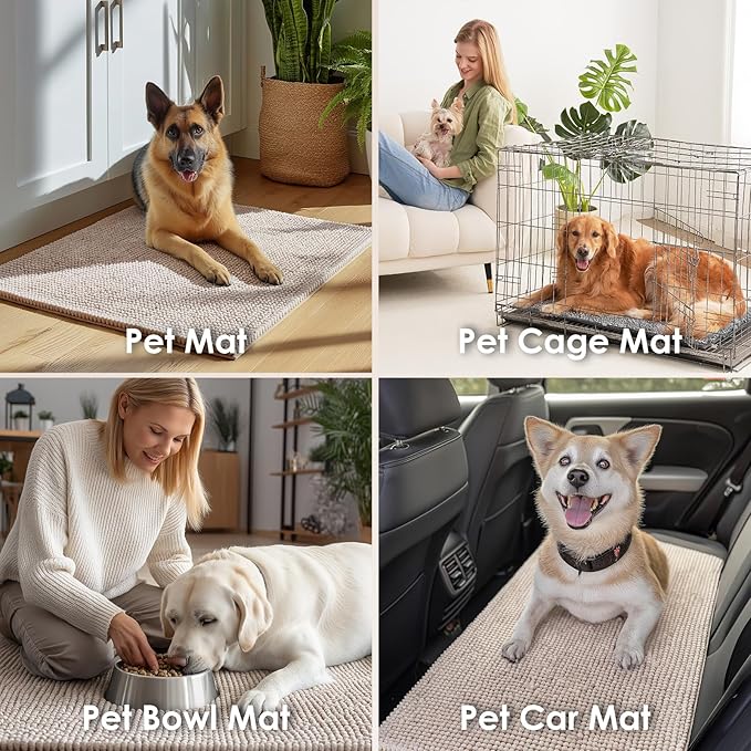 EHEYCIGA Super Absorbent Dog Door Mat for Muddy Paws 60x36 Inch Indoor, Front Doormat Outside Entrance, Quick Dry Chenille Washable Dog Crate Bed, Non-Slip Pet Rug Mud Mat Outdoor Entryway, Beige