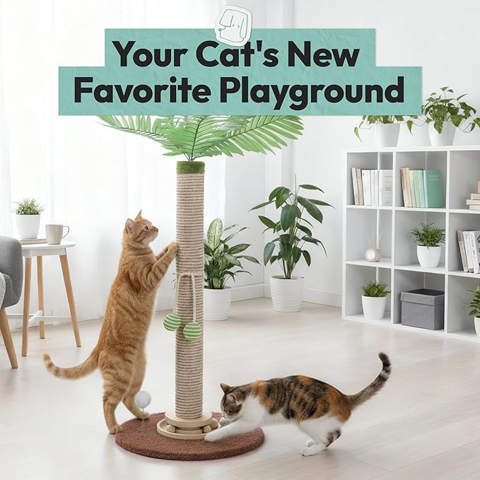 Cat Scratching Post 34 Inch with Rotating Turntable and Removable Hanging Ball, Cat Scratcher for Indoor Cats, Ultra Stable Base, Paw-FGreen Baseriendly Jute Material, Brown Base