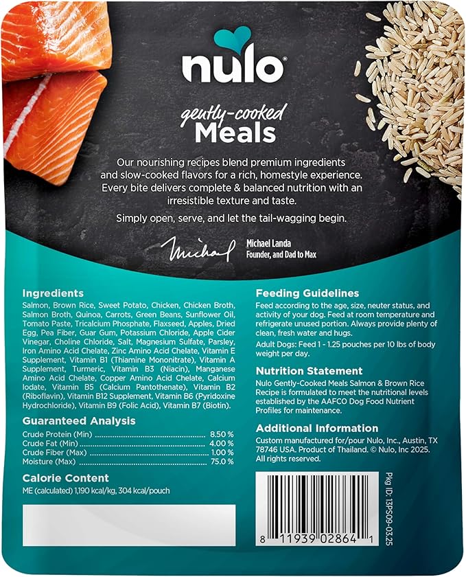 Nulo Gently-Cooked Meals Complete and Balanced Adult Wet Dog Food, Salmon & Brown Rice, 9 Oz (Pack of 8)