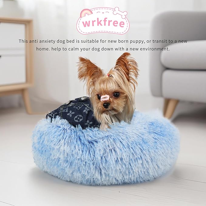 Blue and White Dog Bed Small Washable,Calming Dog Bed for Small Dogs,15 inches Donut Fluffy Pet Beds,Anti Anxiety Round Fits up to 5 lbs Soft Warm Pets Beds for Puppy Dogs Indoor