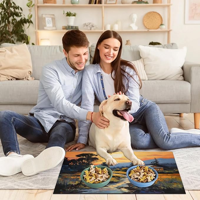 Nature Forest Dog Food Mat for Floors Absorbent, Quick Dry Water Dispenser Mat for Food, Water, Pet Supplies 16" x 24", Rustic Cabin