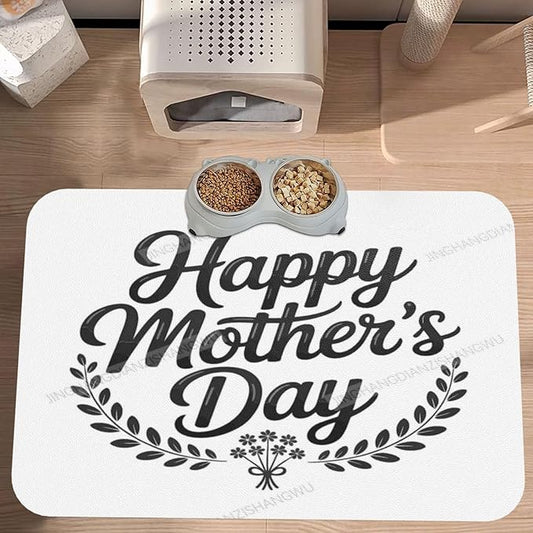Pet Feeding Mats with Residue Collection Happy Mother's Day Floral Gift for Mom Dy Waterproof Dog Cat Bowl Mat 18X12In with Prevent Water Food Spills