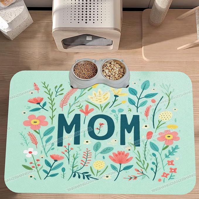 Pet Feeding Mat Happy Mother's Day Floral Gift Mom Lk Dog Food Mat for Food Water No Stains Quick Dry Dispenser Cat Bowl Mats for Messy Drinkers 18X12In