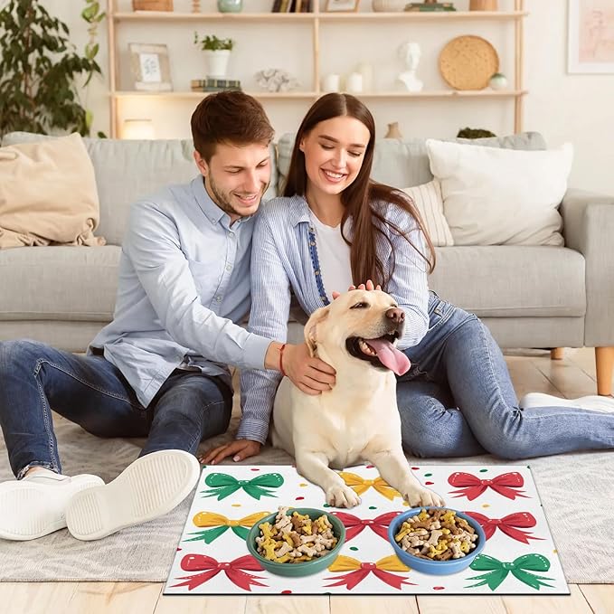 Christmas Bow Dog Food Mat for Floors Absorbent, Quick Dry Water Dispenser Mat for Food, Water, Pet Supplies 24" x 32", Colorful Cute Bow
