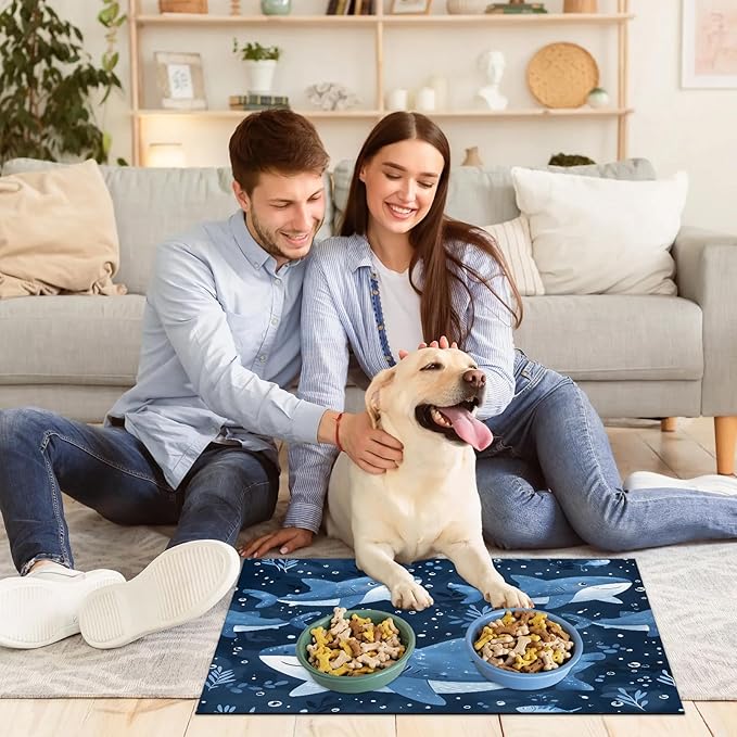 Shark Dog Food Mat for Floors Absorbent Dog Bowl Mat for Food and Water Dispenser Quick Dry Cat Food Placemat Pet Supplies 12" x 20", Ocean Sea