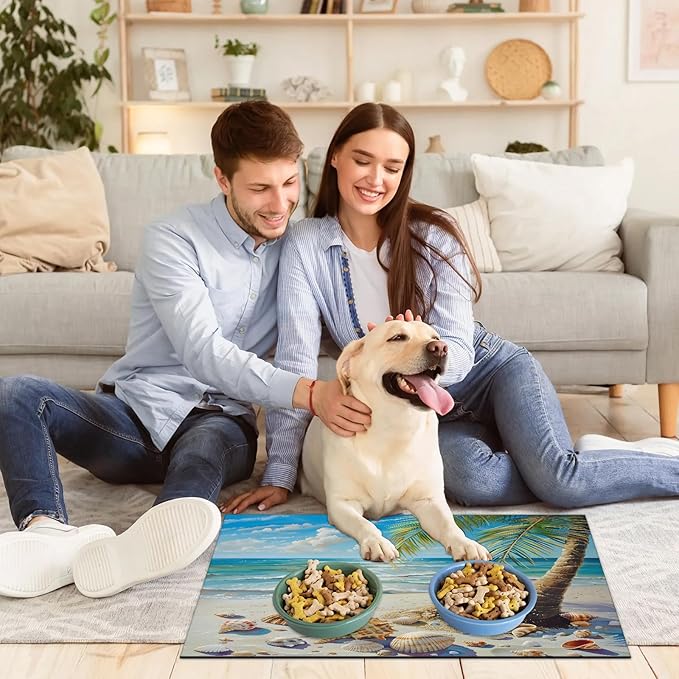 Seashell Dog Food Mat for Floors Absorbent, Quick Dry Water Dispenser Mat for Food, Water, Pet Supplies 16" x 24", Palm Tree