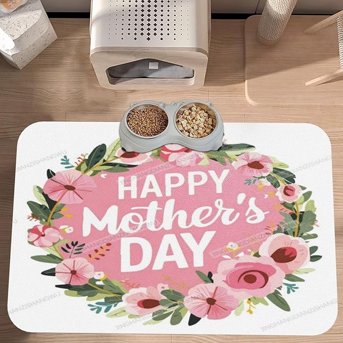 Dog Food Mat Dog Mat for Food and Water 18X12In Happy Mother's Day Floral Gift Mom R No Stains Cat Pet Feeding Mats Water Bowl for Messy Drinkers