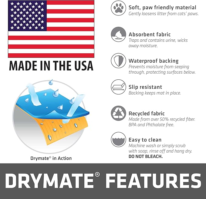 Drymate Cat Litter Box Mat, Litter Trapping Mat, Waterproof, Urine-Proof, Absorbent, Machine Washable, Soft on Paws, Contains Mess, Protects Floors, Kitten Supplies, Indigo, 29x36 XL