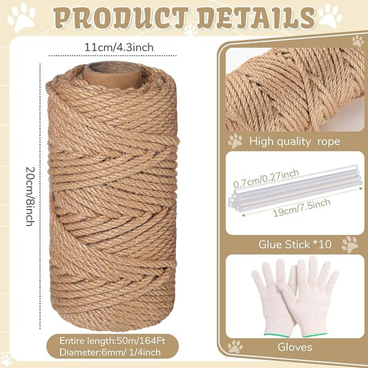 1/4inch ×164Ft Natural Cat Tree Hemp Rope, DIY Repair and Replace Scratching Post Sisal Rope for Scratching Post Cat Tree Tower DIY(Original Color)