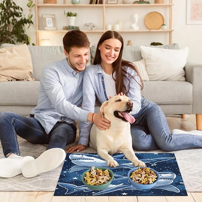 Sharks Dog Food Mat for Floors Absorbent Dog Bowl Mat for Food and Water Dispenser Quick Dry Cat Food Placemat Pet Supplies 16" x 24", Starry Star