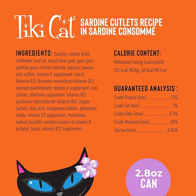 Tiki Cat Grill Wet Cat Food,Sardine Cutlets,2.8 oz. Cans,(Pack of 24)