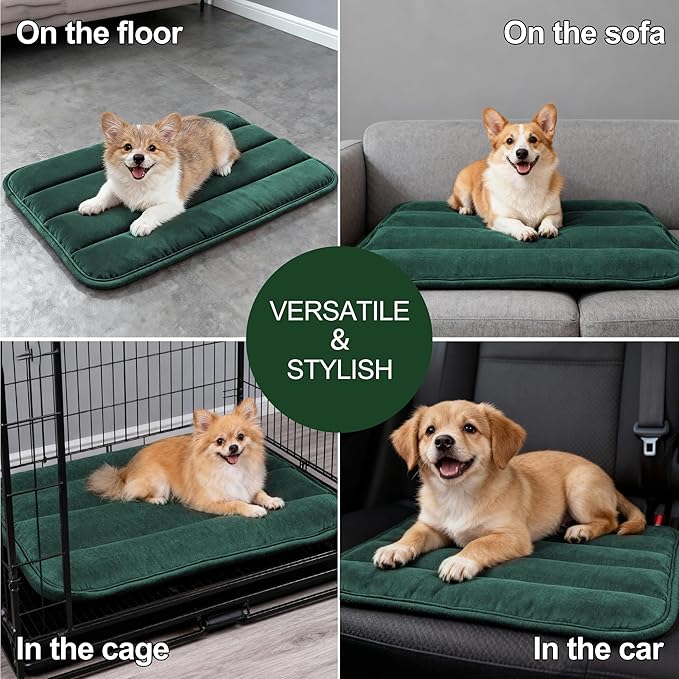 Dog Bed Mat, Reversible Dog Crate Pad with Washable Kennel Mat and Soft Foam, Flat Pet Bed for Dogs & Cats, for Crates Carriers & Travel (Green, 23" L*14" W*1.5" Th)
