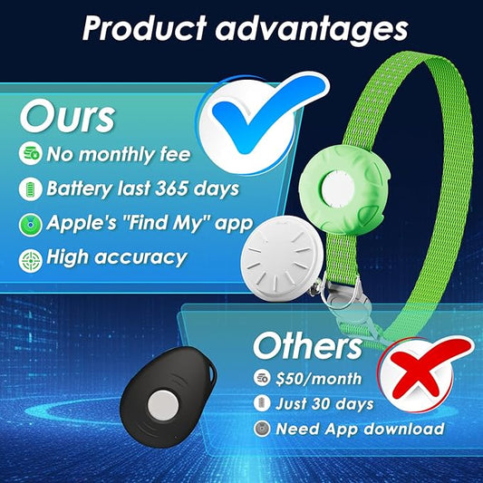 Cat Tracker, Waterproof Pet Tracker for Cats, Cat Tracker Collar with Safety Elastic Buckle, Compatible with Apple Find My App (Only iOS), No Monthly Fee, Light Green