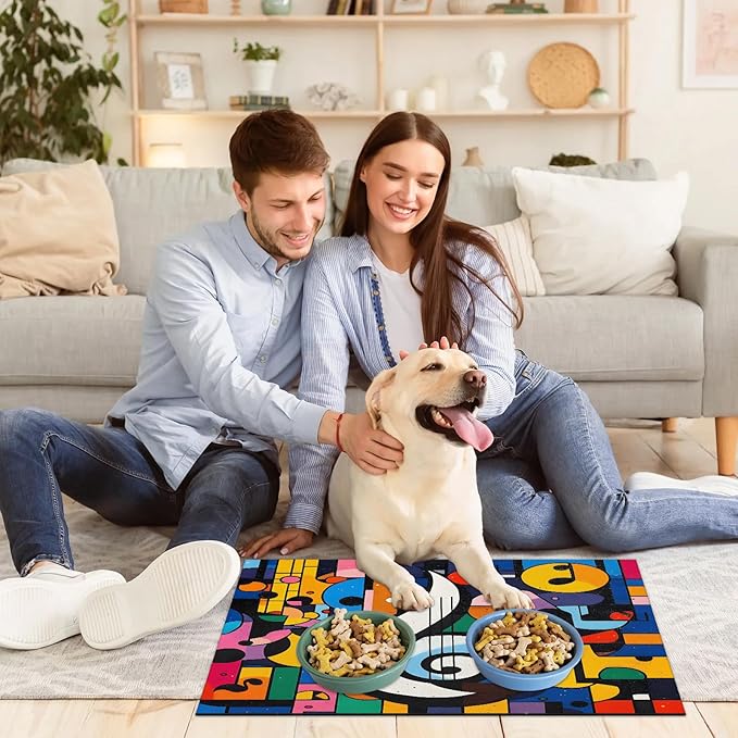 Music Dog Food Mat for Floors Absorbent Dog Bowl Mat for Food and Water Dispenser Quick Dry Cat Food Placemat Pet Supplies 17" x 30", Colorful Note