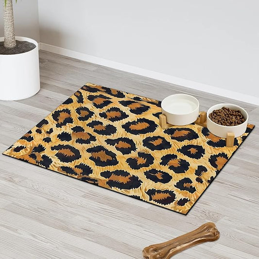 Leopard Print Dog Food Mat for Floors Absorbent Dog Bowl Mat for Food and Water Dispenser Quick Dry Cat Food Placemat Pet Supplies 12" x 20", Brown Cheetah Skin