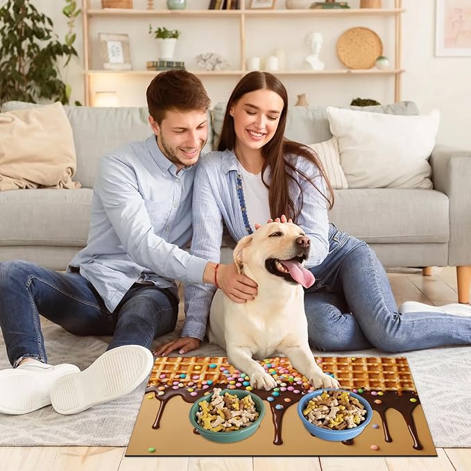 Ice Cream Dog Food Mat for Floors Absorbent Dog Bowl Mat for Food and Water Dispenser Quick Dry Cat Food Placemat Pet Supplies 12" x 20", Chocolate Dessert