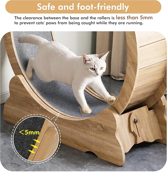 38'' Indoor Cat Exercise Wheel, Cat Running Wheel with Smooth and Quiet Roller, Detachable Carpet and Toy Teaser for Fun Fitness Training Treadmill,Natural Wood