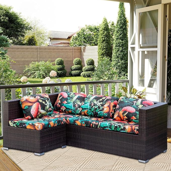 HANDONTIME Forest Outdoor Cushion Covers 8pcs Squirrel Mushroom Couch Cushion Covers Replacement Patio Couch Cover Black Sofa Cover Indoor Patio Cushion for Outdoor Furniture Washable, Cover Only