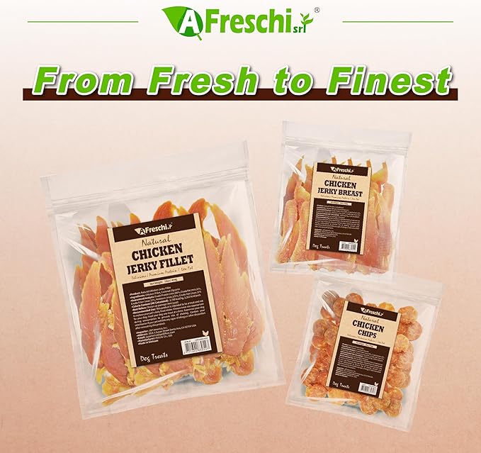 A Freschi srl Chicken Jerky for Dog, All Natural Dog Treat, High-Protein, Healthy & Easily Digestible, Grain-Free Puppy Chews, Training & Rewards Dog Snacks, Chicken Breast Jerky, 16 oz Pack