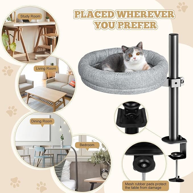 Cat Bed - with 360 Rotation & Adjustable Height - Soft & Comfortable - Indoor Cats Up to 40 lbs (Grey)