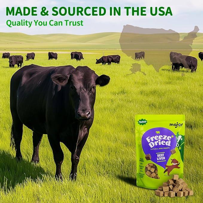 MAJOR PETS Freeze Dried Beef Liver Dog Treats - Single Ingredient - No Preservatives & High Protein - Grain Free - Premium Training Treats & Meal Topper - Made and Sourced in The USA - 10 oz