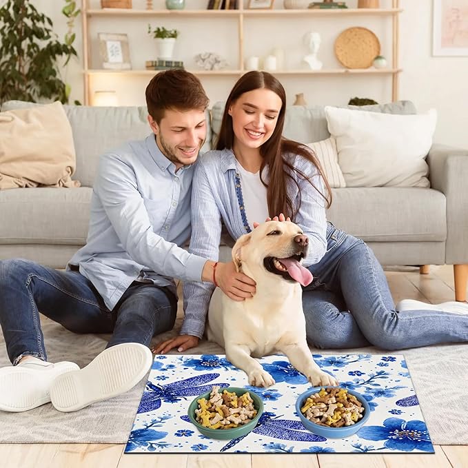 Blue Dragonfly Dog Food Mat for Floors Absorbent, Quick Dry Water Dispenser Mat for Food, Water, Pet Supplies 12" x 20", Flowers