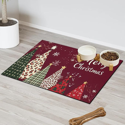 Christmas Tree Dog Food Mat for Floors Absorbent, Quick Dry Water Dispenser Mat for Food, Water, Pet Supplies 16" x 24", Merry Christmas