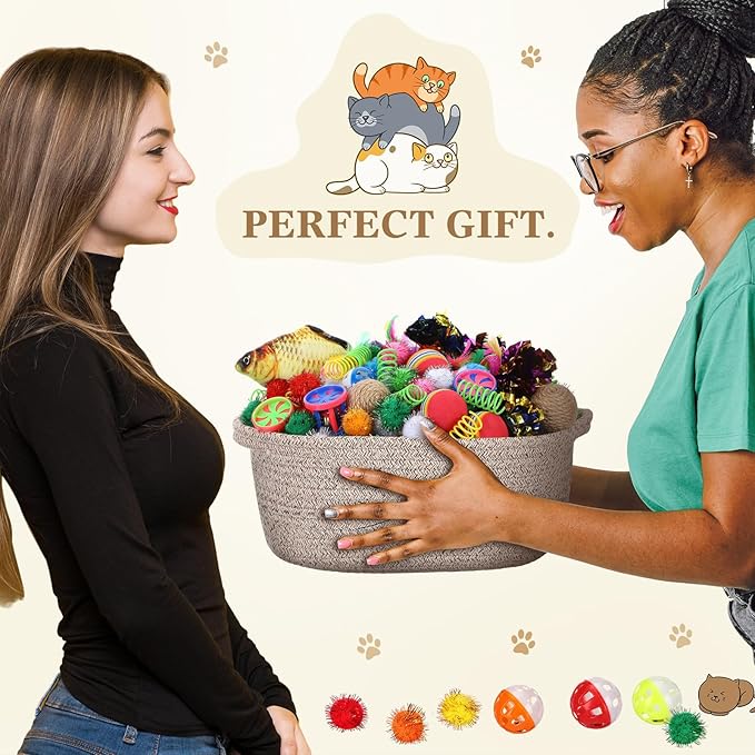 Zopeal 58 Pcs Easter Cat Storage Basket Gift Toys Set, Colorful Flashing Balls Pet Bell Crinkle Balls Spring Toys Attract Cat to Swat, Hunt, Interactive for Pet(Dark Brown,12 Inch)