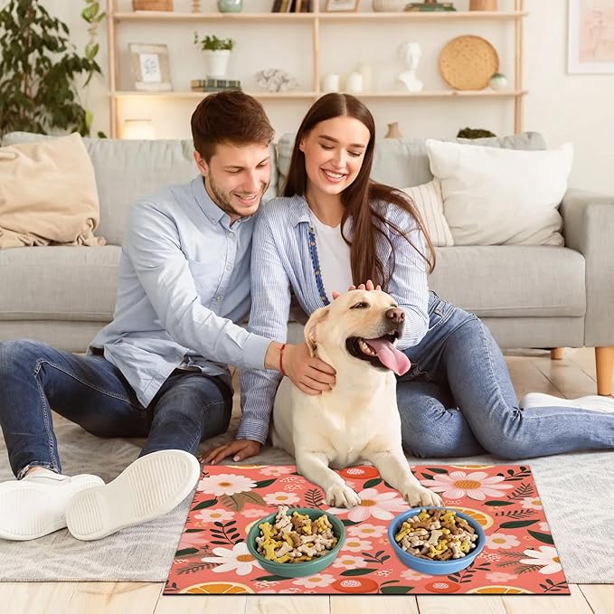 Orange Fruit Dog Food Mat for Floors Absorbent Dog Bowl Mat for Food and Water Dispenser Quick Dry Cat Food Placemat Pet Supplies 16" x 24", Flower