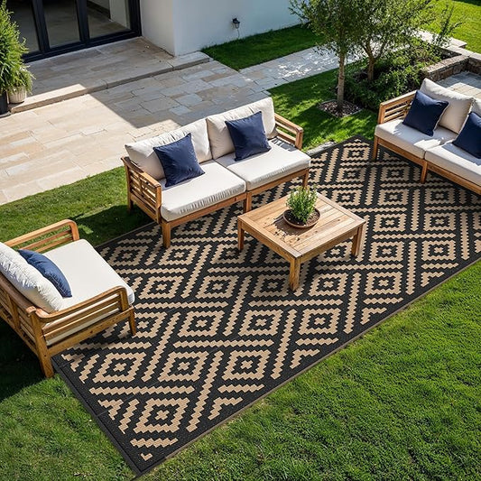 GENIMO Outdoor Rug for Patio Clearance, 9'x18' Waterproof Camping Mat, Reversible Plastic Straw Rugs for RV, Camper, Balcony, Backyard, Picnic, Deck (Black & Brown)