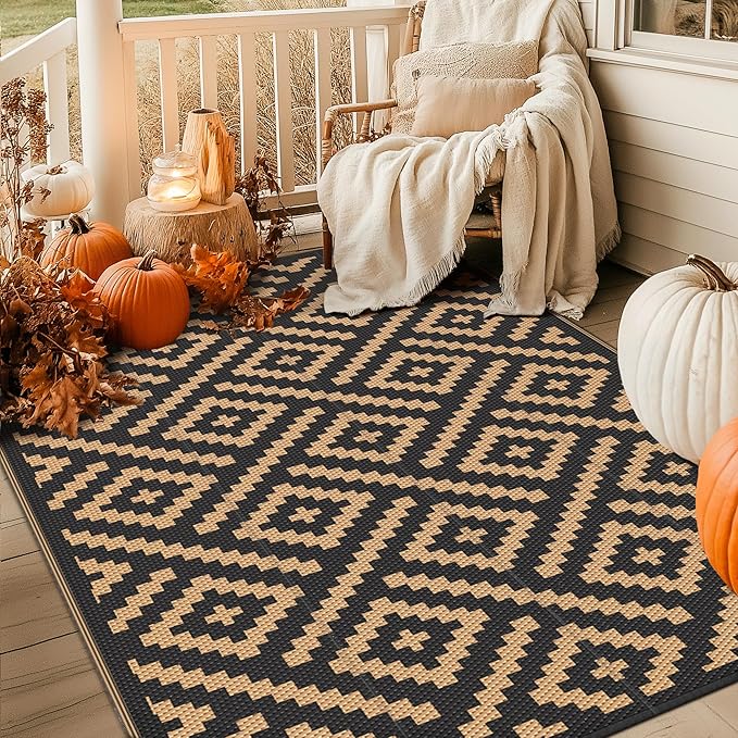GENIMO 5x8 Outdoor Rug Waterproof, Reversible Mats, Area Rug, Plastic Outside Carpet, Geometric Rv Mat for Patio Camping Rv Picnic Backyard Deck Balcony Porch Beach Trailer (Black & Brown)