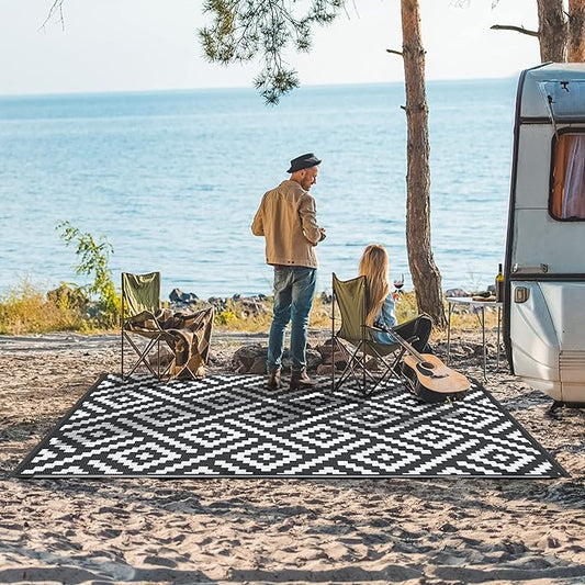 GENIMO Outdoor Rug for Patio Clearance,9'x12' Waterproof Large Mat,Reversible Plastic Camping Rugs,Rv,Porch,Deck,Camper,Balcony,Backyard,Black & White