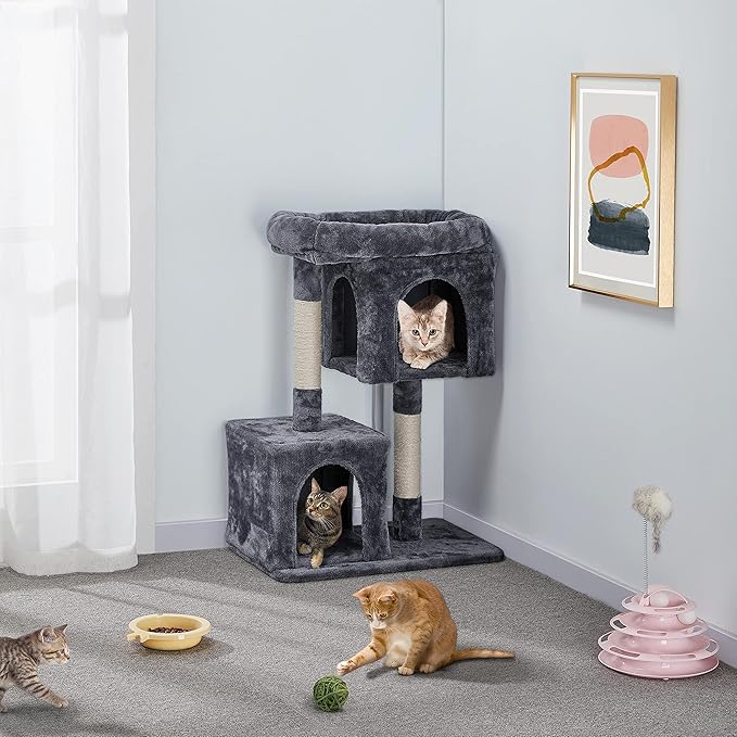 Yaheetech Cat Scratching Post, 33in H Cat Scratcher with Sisal Rope, Cat Furniture w/Large Condos&Top Perch for Indoor Kitten/Adult Cats, Dark Grey
