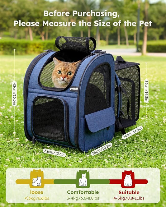 Pecute Cat Backpack Carrier Expandable, Pet Backpack for Cats & Small Dogs Up to 11lbs, with 4-Side Breathable Mesh, Multi-Entry & Lockable Zippers for Travel, Hiking, Camping - Hands Free, Blue