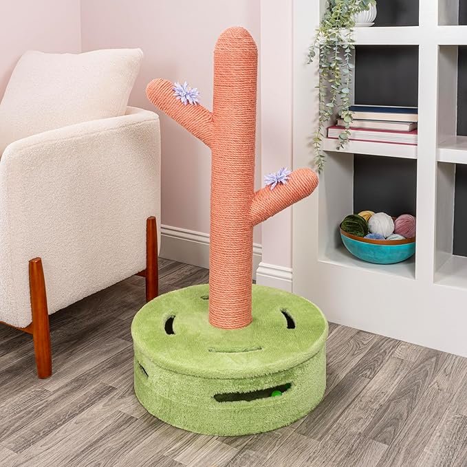 CTR1004A Rosa 36" Modern Jute Cactus Cat Scratching Post with Flower Toys and Built-in Bell Toys, Pink/Green