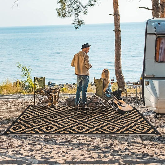 GENIMO 5x8 Outdoor Rug Waterproof, Reversible Mats, Area Rug, Plastic Outside Carpet, Geometric Rv Mat for Patio Camping Rv Picnic Backyard Deck Balcony Porch Beach Trailer (Black & Brown)