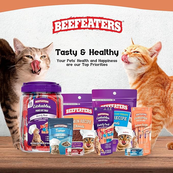 Beefeaters Salmon Pure Cat Treats 1.59oz (12 Pack) | Lickable Squeeze Tube Treats, Grain-Free, No Added Sugar, Real Salmon, Taurine-Enriched, Ideal for Bonding, Seniors, Toppers & Everyday Treating