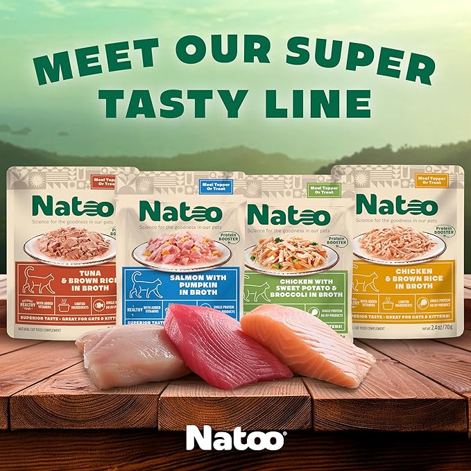 NATOO Cat Food Topper & Soft Treat Variety, Healthy High Protein Gravy Mix-Ins, Limited Ingredient Recipe, for Adults and Kittens, 2.4 oz Pouches, 12 Pack (4 Flavors)