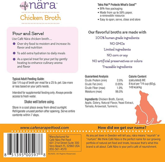 Cafe Nara - Chicken Broth - Meal Topper for Dogs & Cats - Supports Overall Pet Health - Pour-Over Broth for Wet/Dry Food - Human Grade Ingredients - Non-GMO - Made in USA - 17.6 oz - 1 Pack