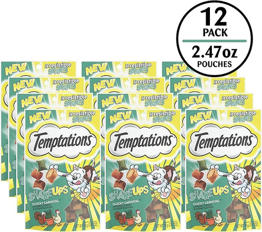 Temptations Cat Treat ShakeUps, Crunchy and Soft Cat Treats, Clucky Carnival, 2.47 oz. Pouches (Pack of 12)