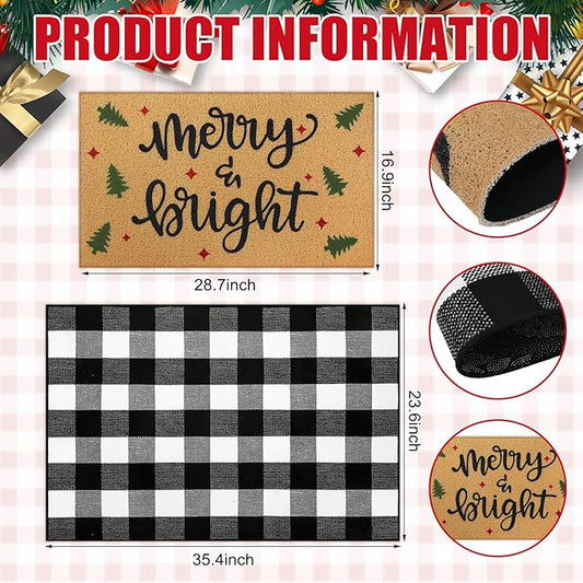 Tinideya 2 Pcs Christmas Welcome Door Mat Merry Bright Outdoor Welcome Mats for Front Door Non Slip Xmas Tree Coir Floor Mat Black White Check Christmas Rug for Outside Front Porch Entryway Decor