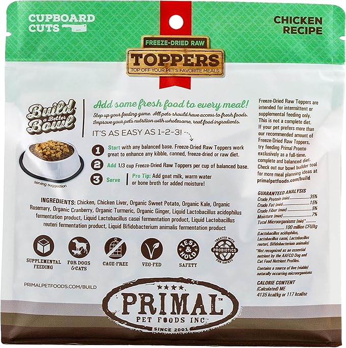 Primal Dog Food Toppers & Cat Food Toppers, Cupboard Cuts, Grain Free Meal Mixers with Probiotics, Raw Freeze Dried Dog Treats & Cat Treats, Great for Training (Chicken, 3.5 oz)