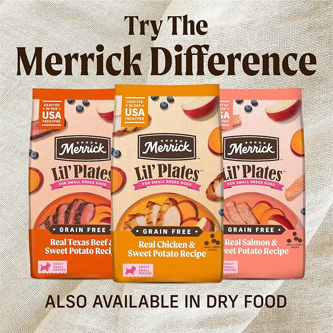 Merrick Lil’ Plates Petite Pates Premium Grain Free Wet Dog Food Variety Pack, Natural Beef, Chicken, Turkey - (Pack of 12) 3 oz. Cans