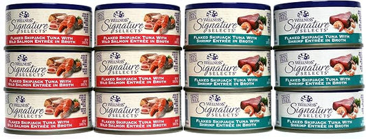 Wellness Natural Grain Free Signature Selects Flaked Wet Cat Food Variety Pack Box - 2 Flavors (Wild Salmon & Shrimp) - 2.8 Ounces Each (12 Total Cans)