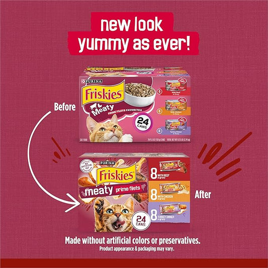Friskies Purina Gravy Wet Cat Food Variety Pack,Prime Filets Meaty Favorites - 5.5 oz. Cans,(Pack of 48)