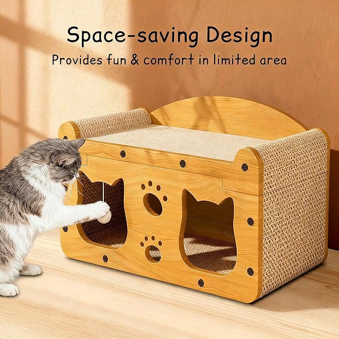 Multi-Function Cat Scratcher House Box,3-in-1 Scratch Pad and Soft Bed & Play Cave with Toys, Durable Build & Ideal for Cats/Kitty (Yellow,MD-CAT1)
