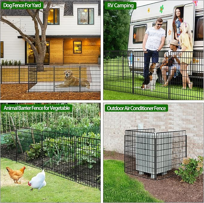 5 Panels Dog Fence Outdoor for Yard, 33 in(H) X 12 ft(L) Decorative Garden Fence Rustproof No Dig Animal Barrier Fencing Metal Wire Panel Border Patio Rabbits Ground Stakes Fencing