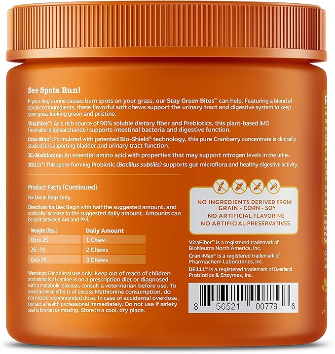 Zesty Paws Stay Green Bites for Dogs - Grass Burn Soft Chews for Lawn Spots Caused by Dog Urine - with Cranberry for Urinary Tract & Bladder - Chicken - 90 Count