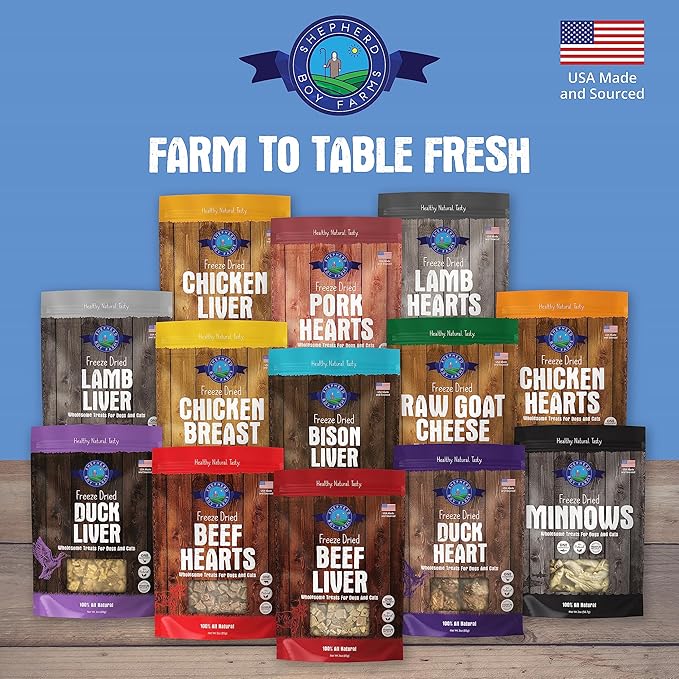 Shepherd Boy Farms Freeze Dried Dog and Cat Treats, Beef Heart, All Natural Single Ingredient Freeze-Dried Dog Treat & Snacks, Made in USA, High Protein, Essential Nutrition of Raw Food, 3oz