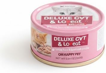 Deluxe Cat & Loveat Grain-Free Wet Cat Food, White Meat Tuna with Vitamins & Taurine, High Protein, No Preservatives, Complete Nutrition, 5.64oz Cans (12, White Tuna & Seafood Sticks)